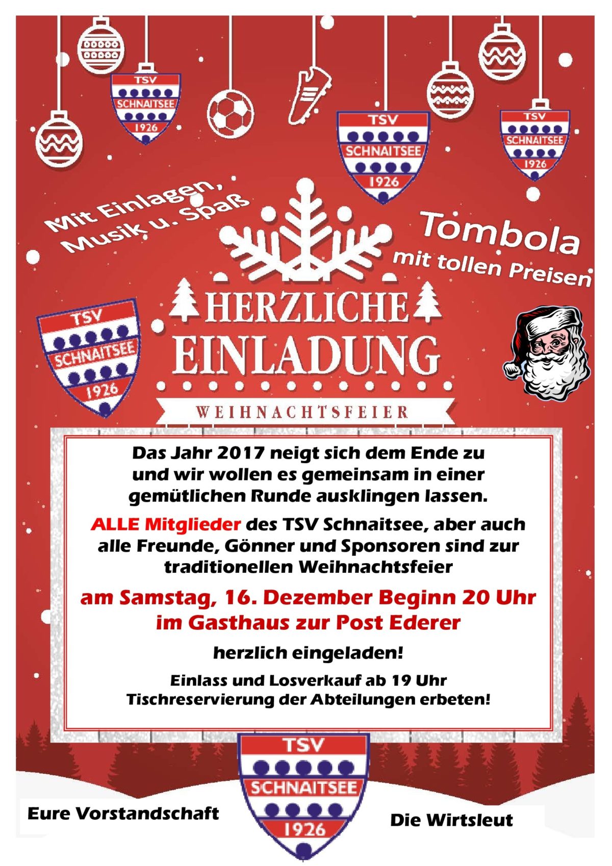 Einladung zur offiziellen Weihnachtsfeier 2017 | TSV Schnaitsee e.V.